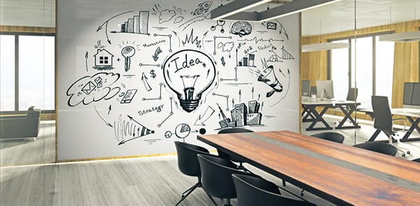 Image of a workplace with a whiteboard full of ideas